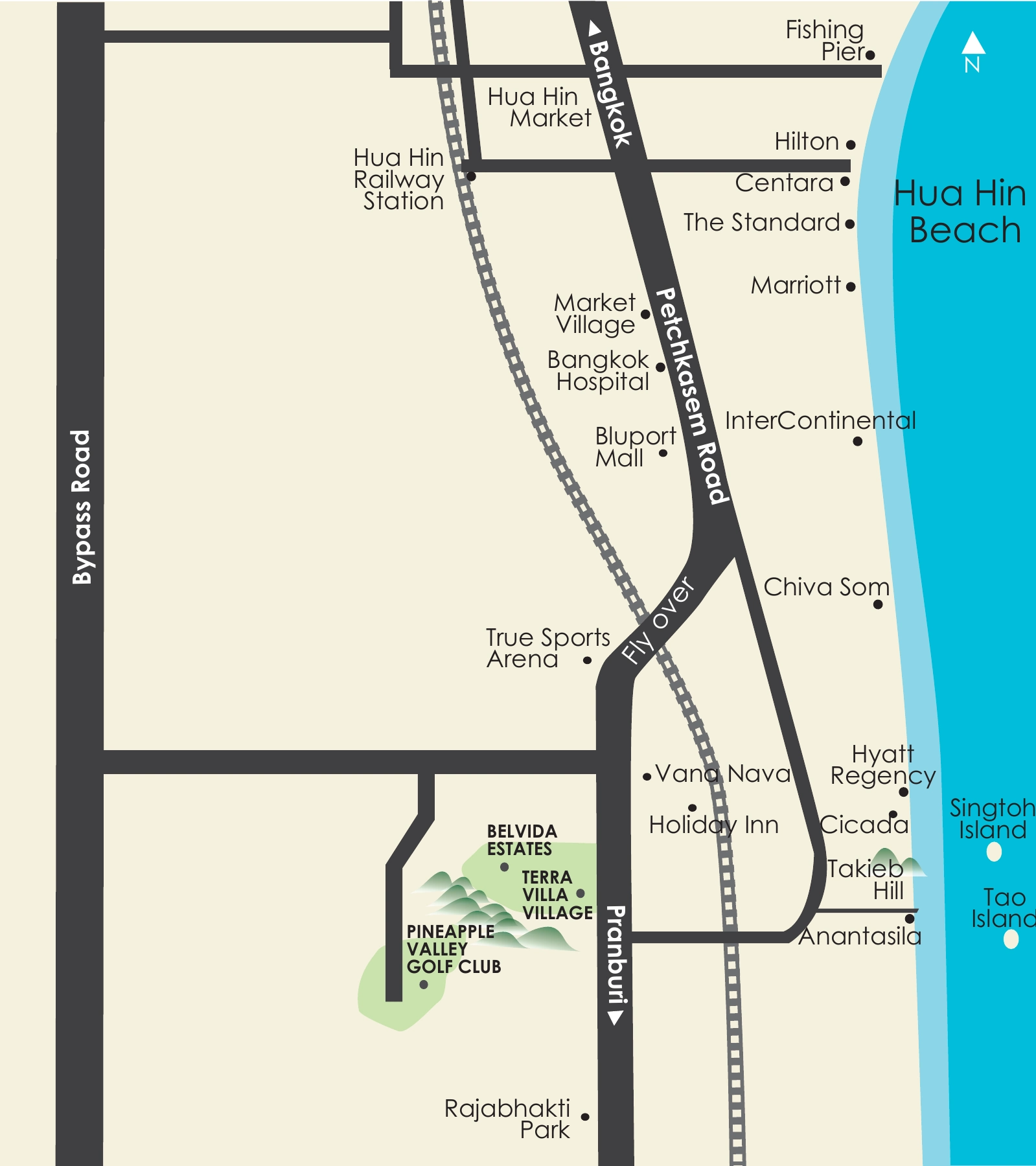 Area map showing BelVida Estates, Hua Hin Beach, Pineapple Valley Golf Club and central Hua Hin landmarks